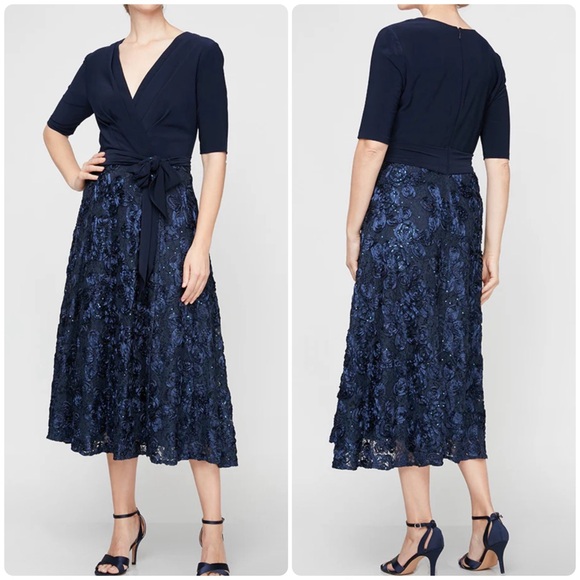 Alex Evenings Rosette Lace & Jersey Cocktail Dress Size 14Petite Navy Tea Length - Picture 1 of 10